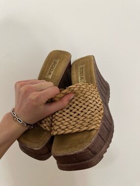 SODA Braided Tan and Brown Platform Slide Sandals
